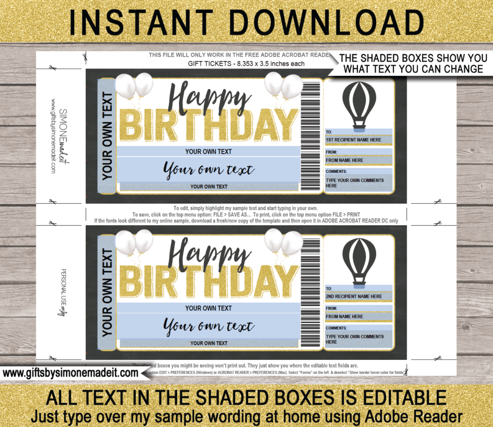 Birthday Hot Air Balloon Ticket Template | Printable Gift Voucher Certificate Card | DIY with Editable Text | INSTANT DOWNLOAD via www.giftsbysimonemadeit.com