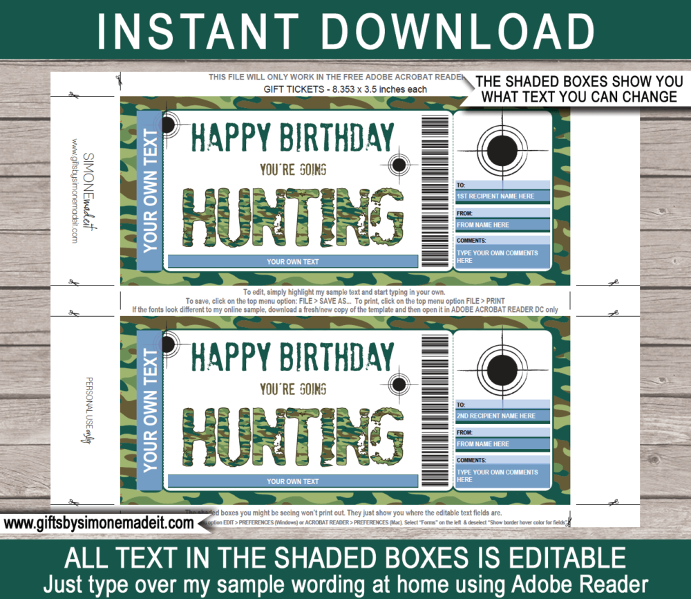 Birthday Hunting Ticket Template | DIY Printable Hunting Trip Gift Voucher Certificate with Editable Text | Gift Idea | INSTANT DOWNLOAD via giftsbysimonemadeit.com