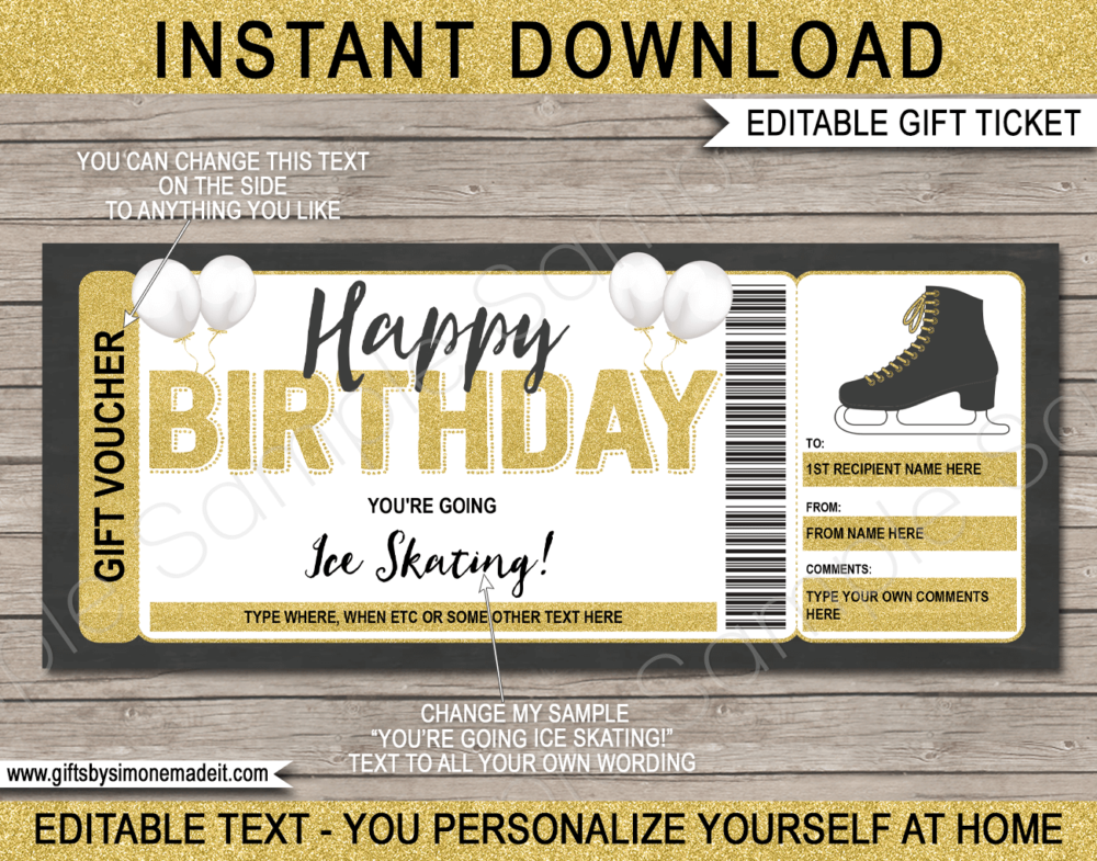 Birthday Ice Skating Ticket Template | DIY Printable Gift Voucher Certificate Card with Editable Text | Gift Idea | INSTANT DOWNLOAD via giftsbysimonemadeit.com