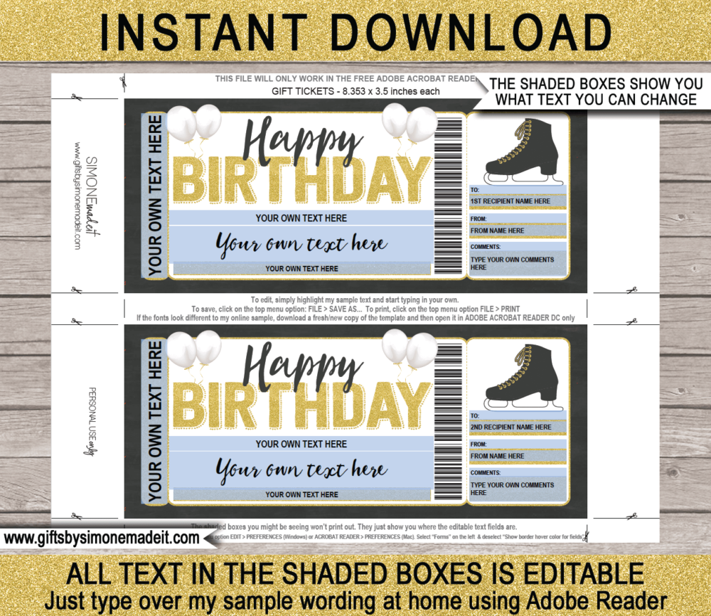 Birthday Ice Skating Ticket Template | DIY Printable Gift Voucher Certificate Card with Editable Text | Gift Idea | INSTANT DOWNLOAD via giftsbysimonemadeit.com
