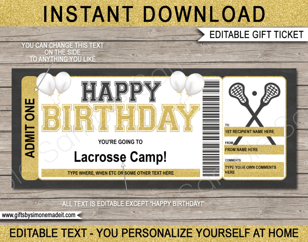 Birthday Lacrosse Camp Ticket Template | Gift Ideas | DIY Printable Gift Certificate Voucher Card with Editable Text | NSTANT DOWNLOAD via giftsbysimonemadeit.com
