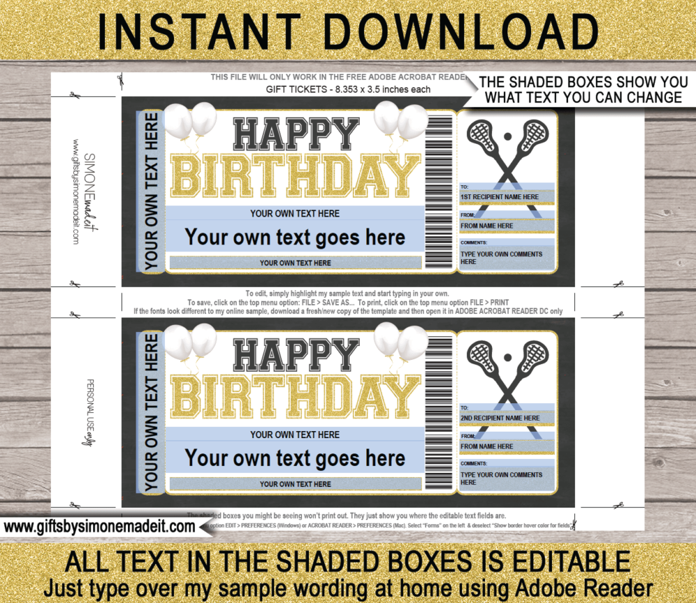 Birthday Lacrosse Camp Ticket Template | Gift Ideas | DIY Printable Gift Certificate Voucher Card with Editable Text | NSTANT DOWNLOAD via giftsbysimonemadeit.com