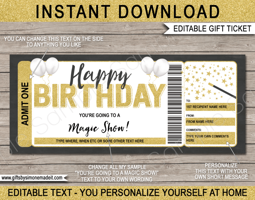 Birthday Magic Show Ticket Template | DIY Printable Gift Voucher Certificate Card with Editable Text | Gift Idea | INSTANT DOWNLOAD via giftsbysimonemadeit.com