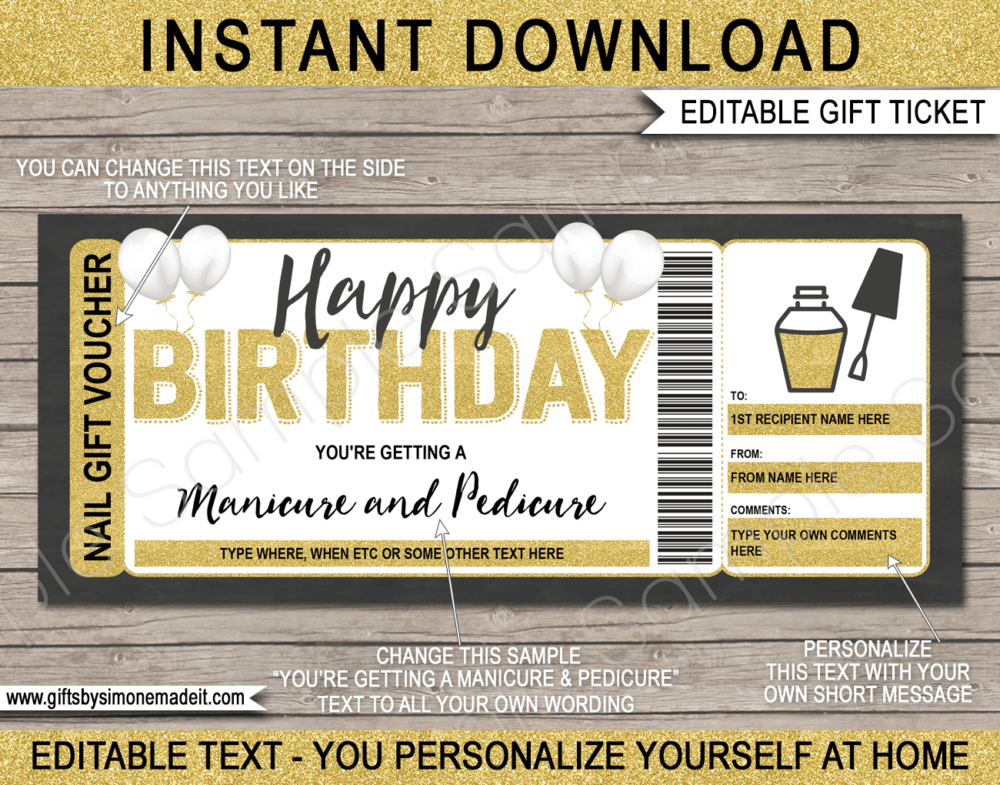 Birthday Manicure Pedicure Gift Certificate Template | Printable Gift Voucher Card with Editable Text | Gift Idea | Nail Spa Treatment | INSTANT DOWNLOAD via giftsbysimonemadeit.com