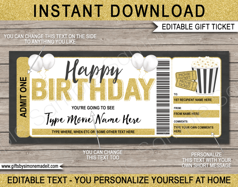 Birthday Movie Ticket Template | DIY Printable Gift Voucher Certificate Card with Editable Text | Family Movie Night | Gift Idea | INSTANT DOWNLOAD via giftsbysimonemadeit.com