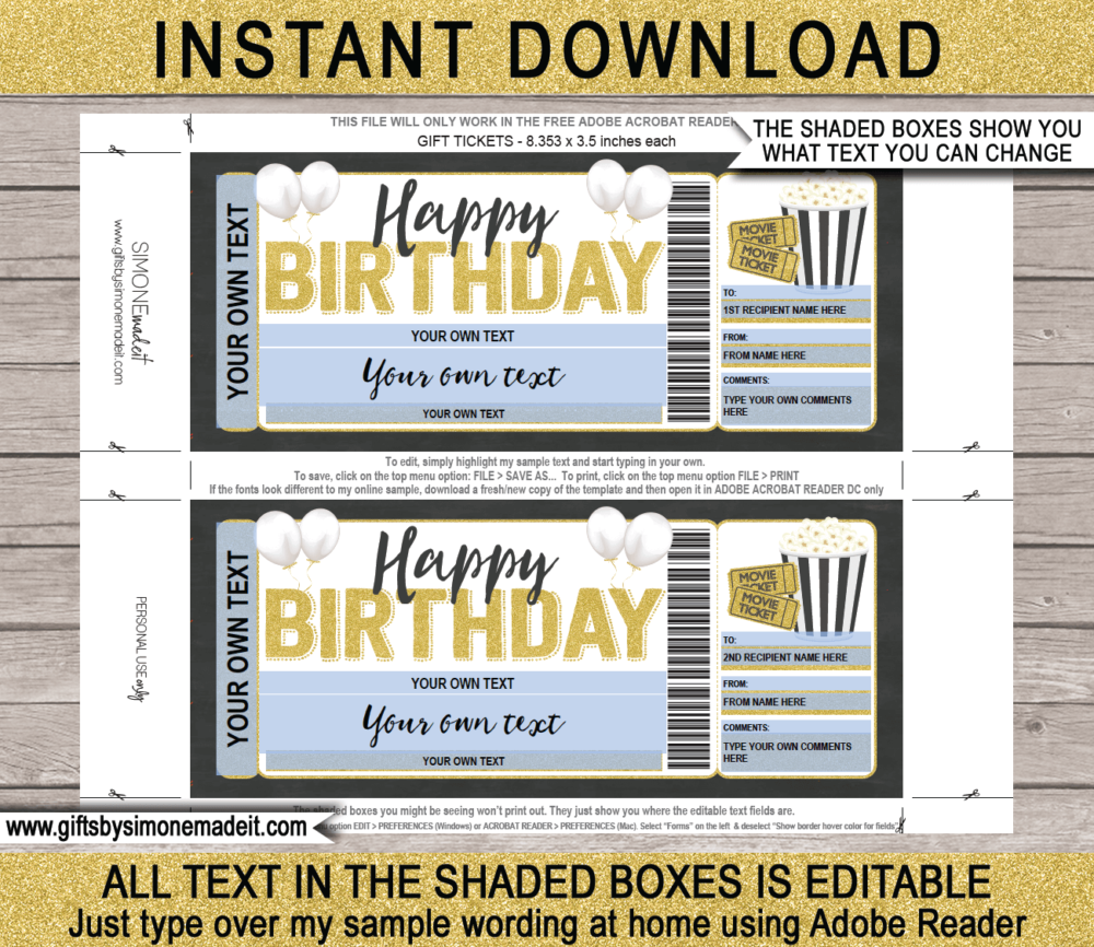 Birthday Movie Ticket Template | DIY Printable Gift Voucher Certificate Card with Editable Text | Family Movie Night | Gift Idea | INSTANT DOWNLOAD via giftsbysimonemadeit.com