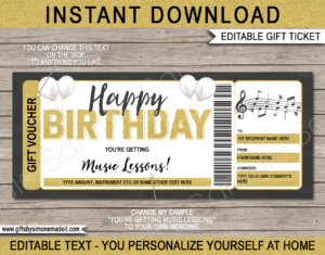 Birthday Music Lessons Gift Voucher Template | Singing Guitar Piano Violin | Gift Certificate Card | DIY Printable with Editable Text | INSTANT DOWNLOAD via giftsbysimonemadeit.com