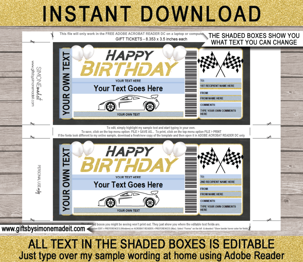 Birthday NASCAR Ticket template | Printable Stock Car Rally Car Sports Car Race Gift Voucher Certificate with Editable Text | Speedway | Motorsports | Drive a race car experience | INSTANT DOWNLOAD via giftsbysimonemadeit.com