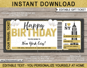 Birthday New York Trip Ticket Template | Surprise NY Vacation Reveal Gift Idea | Travel Ticket | DIY Printable with Editable Text | INSTANT DOWNLOAD via giftsbysimonemadeit.com