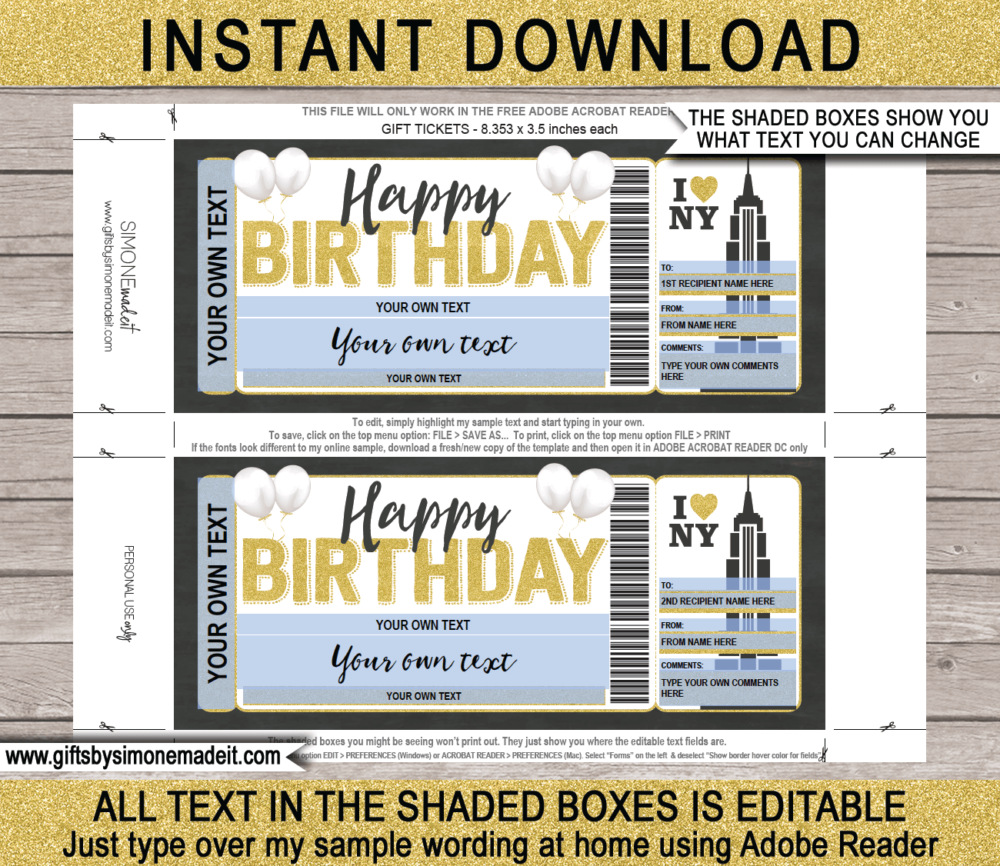 Birthday New York Trip Ticket Template | Surprise NY Vacation Reveal Gift Idea | Travel Ticket | DIY Printable with Editable Text | INSTANT DOWNLOAD via giftsbysimonemadeit.com