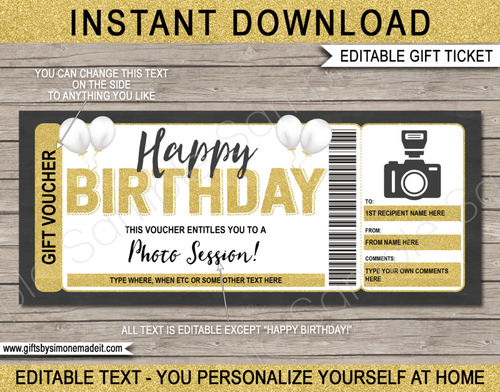 Birthday Photo Session Gift Certificate Template | DIY Printable Photo Shoot Gift Voucher with Editable Text | Gift Idea | INSTANT DOWNLOAD via giftsbysimonemadeit.com