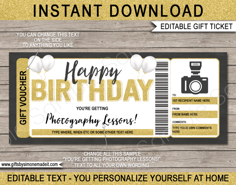 Birthday Photography Gift Voucher Template | DIY Printable Lessons Gift Certificate with Editable Text | Gift Idea | INSTANT DOWNLOAD via giftsbysimonemadeit.com