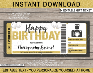 Birthday Photography Gift Voucher Template | DIY Printable Lessons Gift Certificate with Editable Text | Gift Idea | INSTANT DOWNLOAD via giftsbysimonemadeit.com