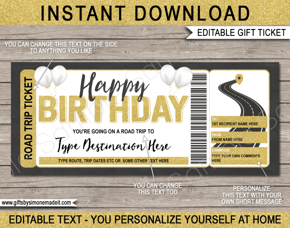 Birthday Surprise Road Trip Ticket Template | Printable Gift Voucher Certificate | Driving Holiday by Car, RV, Motorhome, Motorbike | DIY with Editable Text | INSTANT DOWNLOAD via giftsbysimonemadeit.com
