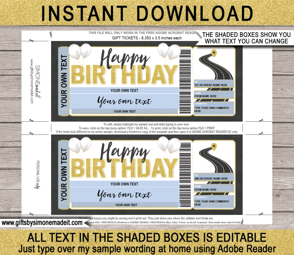 Birthday Surprise Road Trip Ticket Template | Printable Gift Voucher Certificate | Driving Holiday by Car, RV, Motorhome, Motorbike | DIY with Editable Text | INSTANT DOWNLOAD via giftsbysimonemadeit.com
