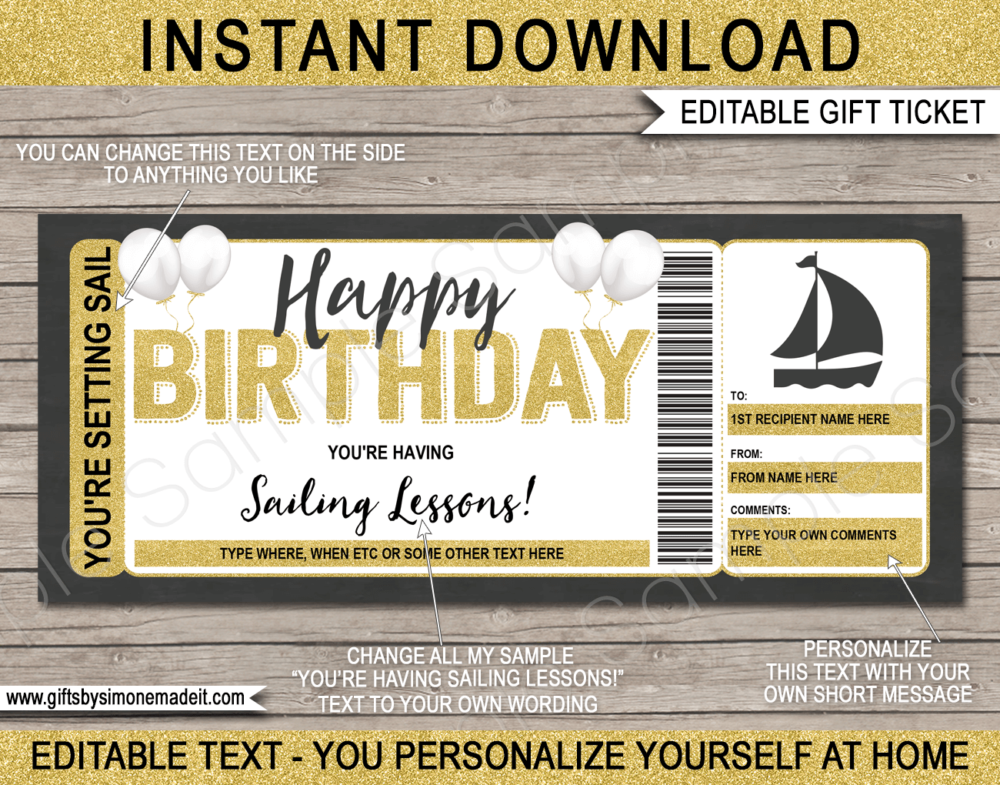 Birthday Sailing Gift Voucher Template | Printable Gift Certificate Ticket | Sailing Lessons, Yacht Cruise, Catamaran ​| DIY Printable with Editable Text | INSTANT DOWNLOAD via giftsbysimonemadeit.com