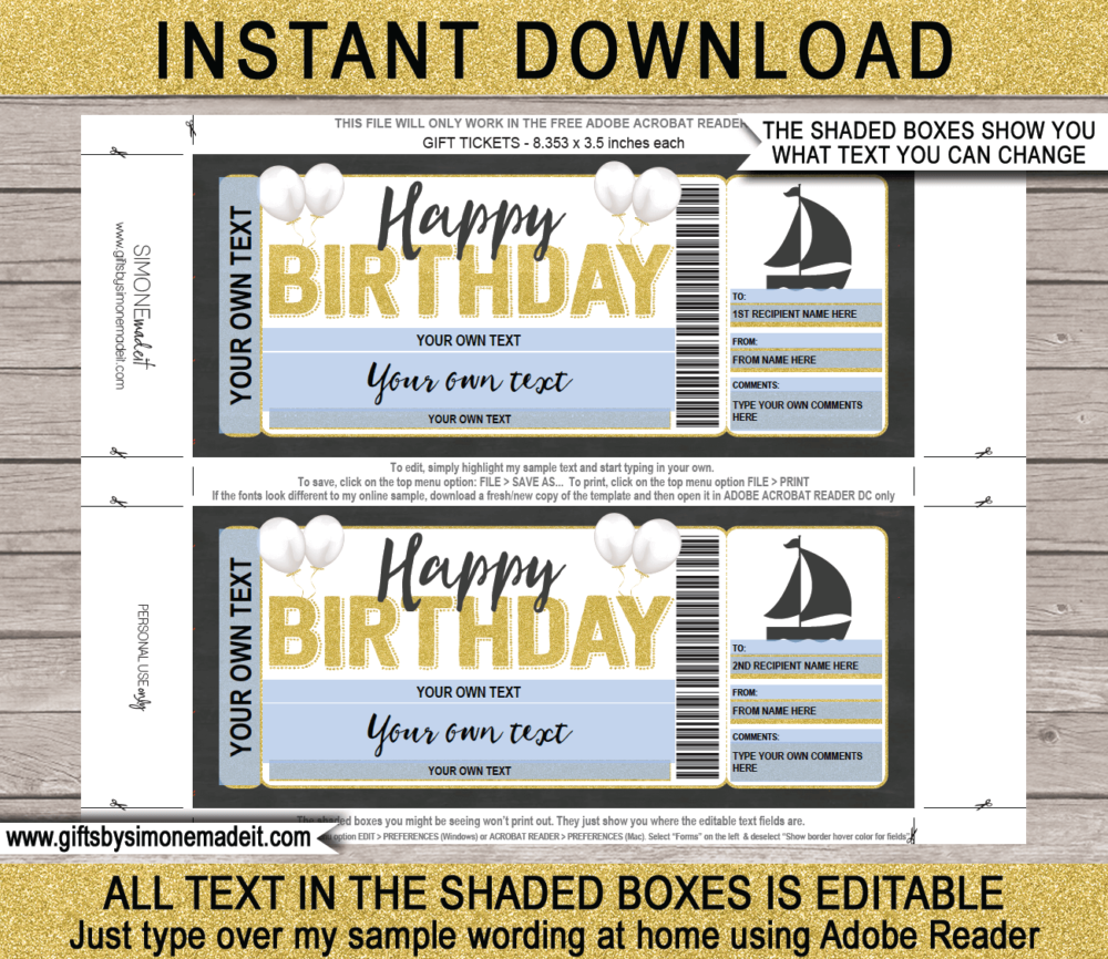 Birthday Sailing Gift Voucher Template | Printable Gift Certificate Ticket | Sailing Lessons, Yacht Cruise, Catamaran ​| DIY Printable with Editable Text | INSTANT DOWNLOAD via giftsbysimonemadeit.com