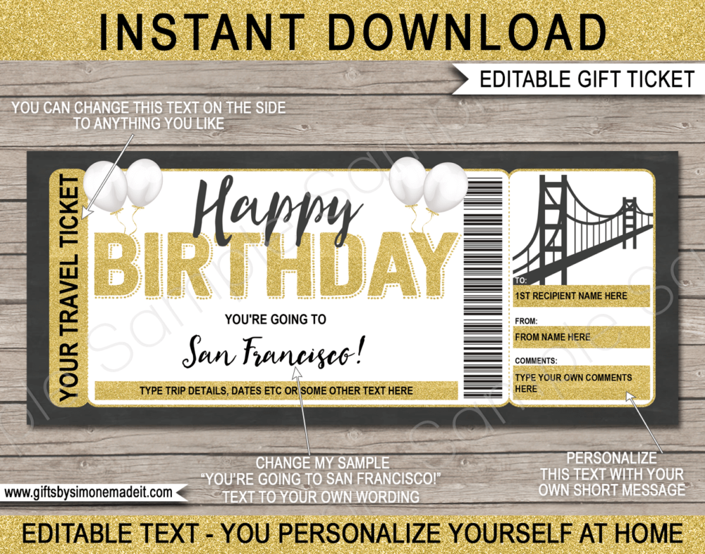 Birthday San Francisco Trip Ticket Template | Surprise Vacation Reveal Gift Idea | Golden Gate Bridge | Travel Ticket | DIY Printable with Editable Text | INSTANT DOWNLOAD via giftsbysimonemadeit.com