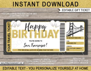 Birthday San Francisco Trip Ticket Template | Surprise Vacation Reveal Gift Idea | Golden Gate Bridge | Travel Ticket | DIY Printable with Editable Text | INSTANT DOWNLOAD via giftsbysimonemadeit.com