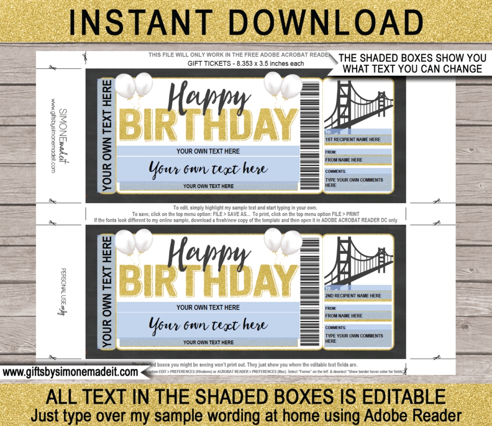 Birthday San Francisco Trip Ticket Template | Surprise Vacation Reveal Gift Idea | Golden Gate Bridge | Travel Ticket | DIY Printable with Editable Text | INSTANT DOWNLOAD via giftsbysimonemadeit.com