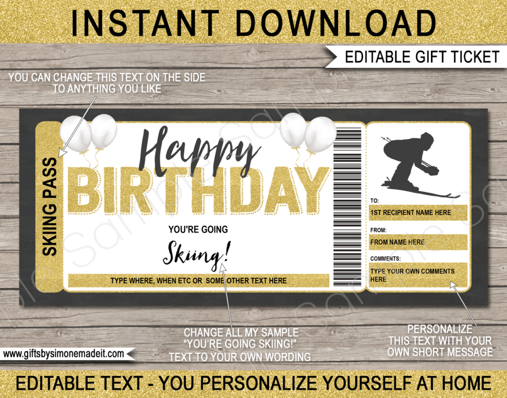 Birthday Skiing Ticket Template | Ski Trip Reveal | DIY Printable Gift Voucher, Certificate, Card with Editable Text | INSTANT DOWNLOAD via giftsbysimonemadeit.com