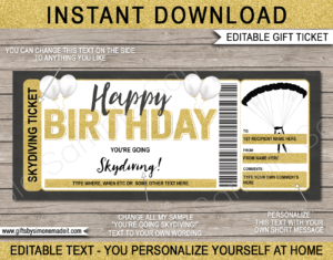 Birthday Skydiving Ticket Template | Printable Gift Voucher Certificate | DIY with Editable Text | INSTANT DOWNLOAD via giftsbysimonemadeit.com