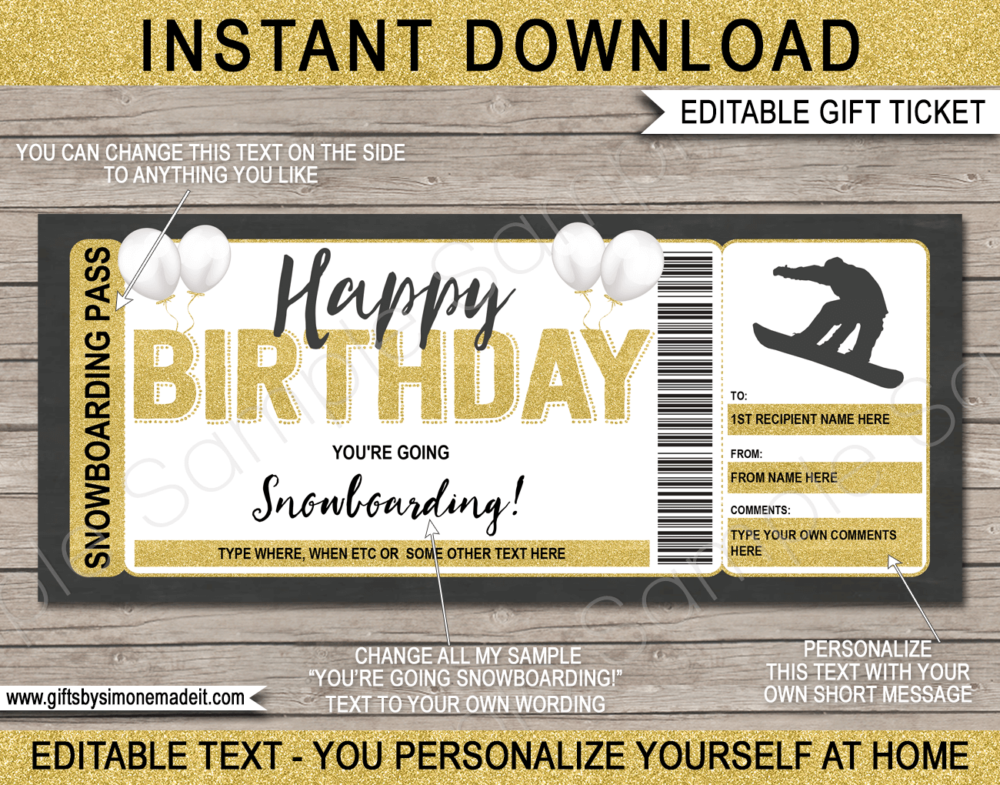 Birthday Snowboarding Ticket Template | Ski Trip Reveal | DIY Printable Gift Voucher, Certificate, Card with Editable Text | INSTANT DOWNLOAD via giftsbysimonemadeit.com