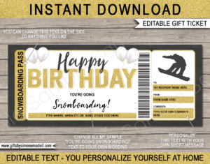 Birthday Snowboarding Ticket Template | Ski Trip Reveal | DIY Printable Gift Voucher, Certificate, Card with Editable Text | INSTANT DOWNLOAD via giftsbysimonemadeit.com