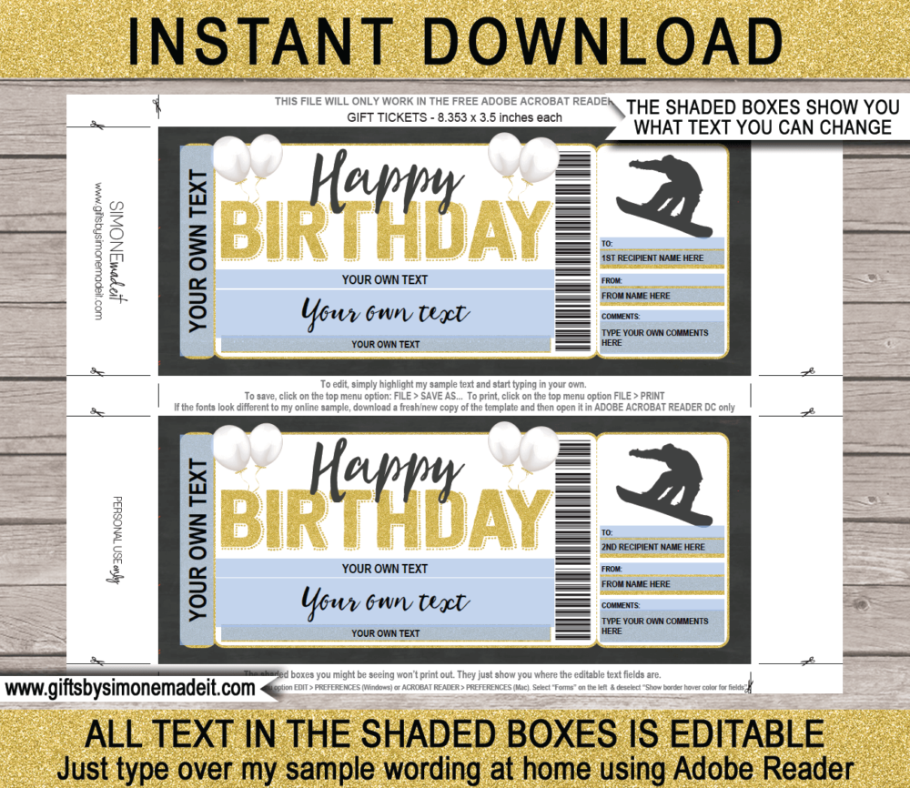 Birthday Snowboarding Ticket Template | Ski Trip Reveal | DIY Printable Gift Voucher, Certificate, Card with Editable Text | INSTANT DOWNLOAD via giftsbysimonemadeit.com