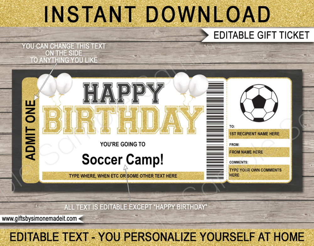 Birthday Soccer Camp Ticket Template | Gift Ideas | DIY Printable Gift Certificate Voucher Card with Editable Text | NSTANT DOWNLOAD via giftsbysimonemadeit.com