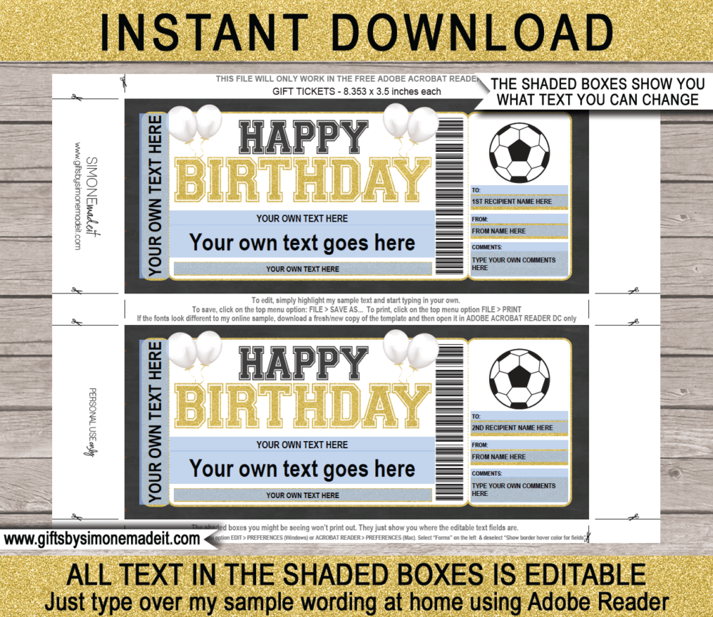 Birthday Soccer Ticket Template | Printable Game Ticket Gift Ideas | DIY Printable Gift Certificate Voucher Card with Editable Text | NSTANT DOWNLOAD via giftsbysimonemadeit.com