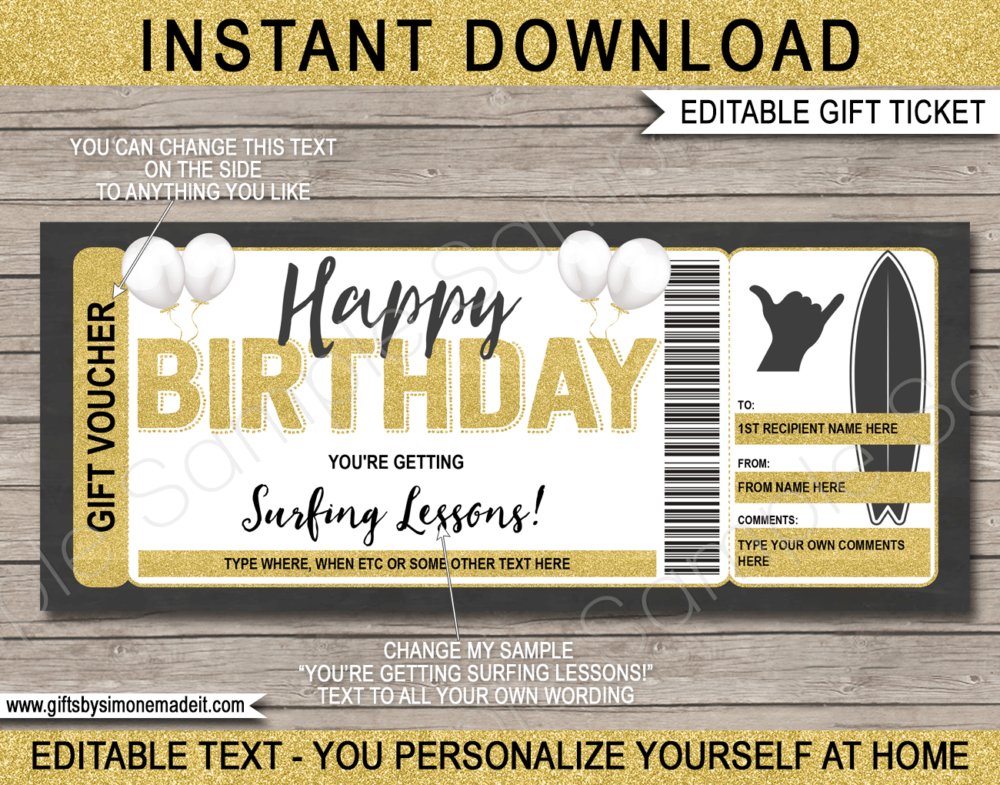 Birthday Surfing Gift Voucher Template | Printable Gift Certificate Ticket | Surf Lessons ​| Surf Trip | DIY Printable with Editable Text | INSTANT DOWNLOAD via giftsbysimonemadeit.com