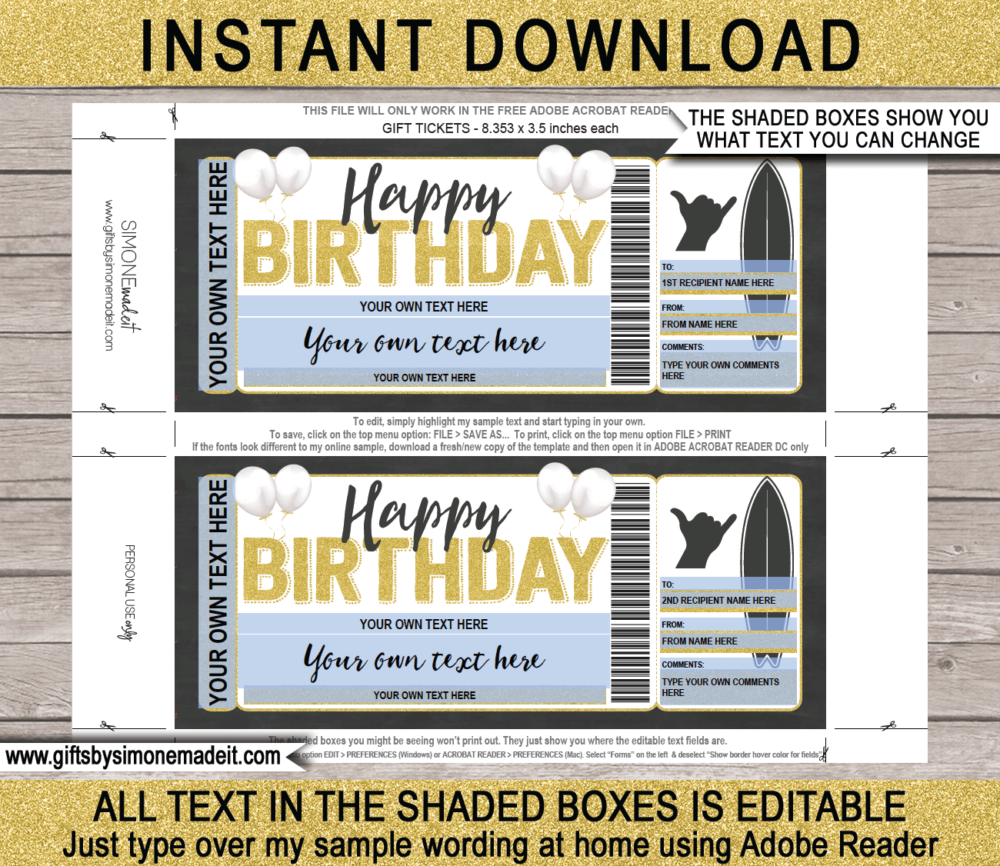 Birthday Surfing Gift Voucher Template | Printable Gift Certificate Ticket | Surf Lessons ​| Surf Trip | DIY Printable with Editable Text | INSTANT DOWNLOAD via giftsbysimonemadeit.com