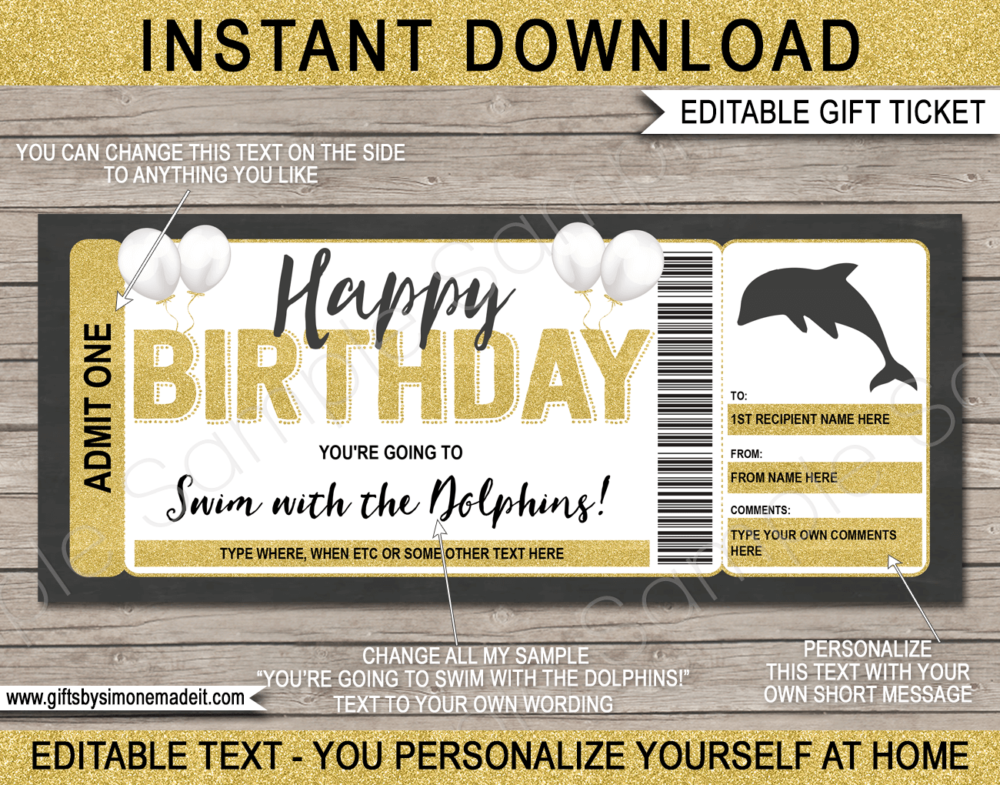 Birthday Swim with the Dolphins Gift Ticket Template | Dolphin Experience, Encounter | DIY Printable Certificate with Editable Text | Last Minute Birthday Present | INSTANT DOWNLOAD via www.giftsbysimonemadeit.com