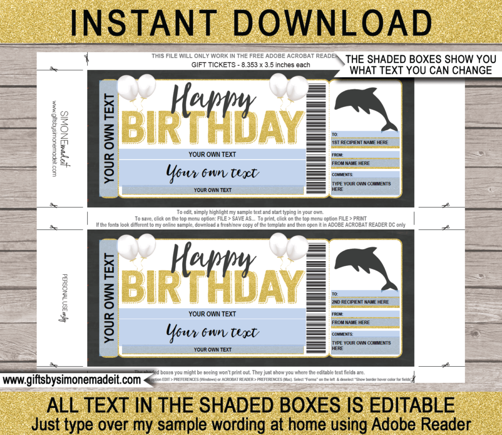 Birthday Swim with the Dolphins Gift Ticket Template | Dolphin Experience, Encounter | DIY Printable Certificate with Editable Text | Last Minute Birthday Present | INSTANT DOWNLOAD via www.giftsbysimonemadeit.com
