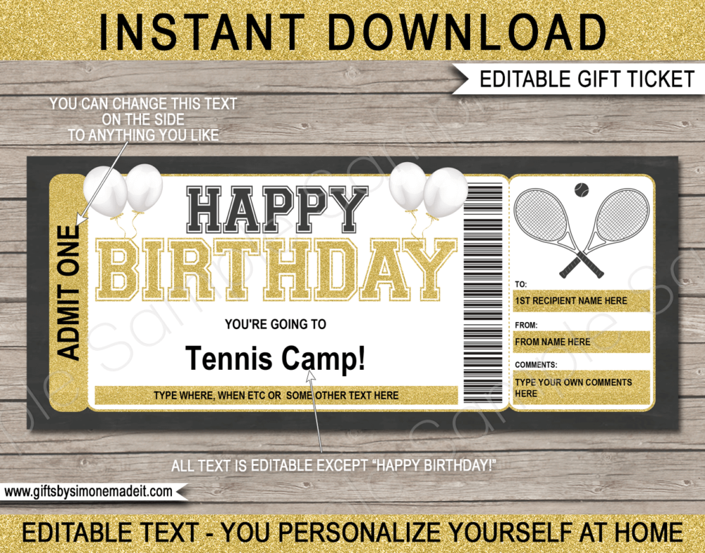 Birthday Tennis Camp Ticket Template | Gift Ideas | DIY Printable Gift Certificate Voucher Card with Editable Text | NSTANT DOWNLOAD via giftsbysimonemadeit.com