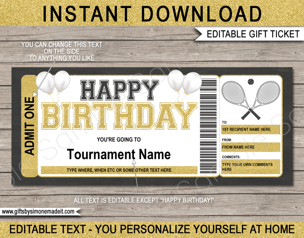 Birthday Tennis Ticket Template | Printable Match Ticket Gift Ideas | DIY Printable Gift Certificate Voucher Card with Editable Text | NSTANT DOWNLOAD via giftsbysimonemadeit.com