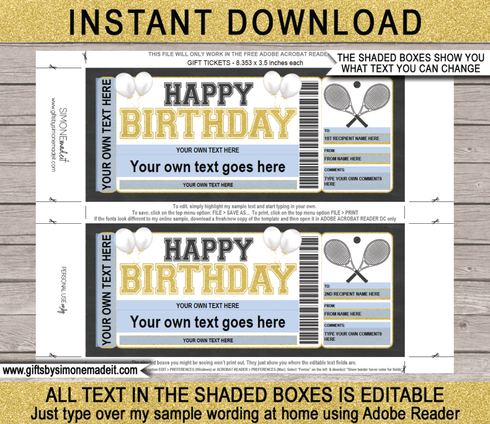 Birthday Tennis Ticket Template | Printable Match Ticket Gift Ideas | DIY Printable Gift Certificate Voucher Card with Editable Text | NSTANT DOWNLOAD via giftsbysimonemadeit.com
