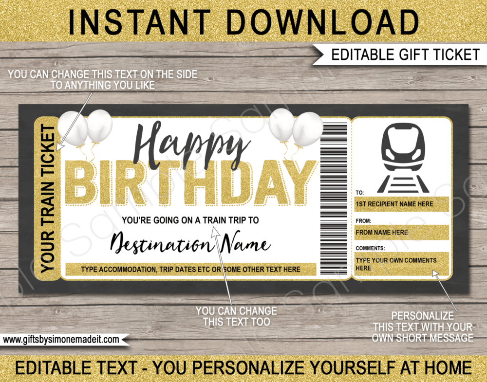 Birthday Train Ticket Template | Printable Train Boarding Pass Gift | Surprise Trip Reveal Gift Idea | DIY with Editable Text | Last Minute | Instant Download via giftsbysimonemadeit.com