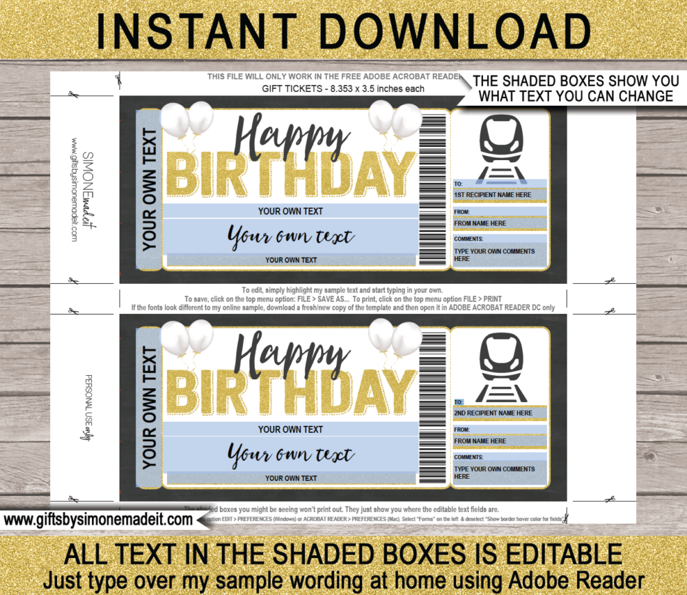 Birthday Train Ticket Template | Printable Train Boarding Pass Gift | Surprise Trip Reveal Gift Idea | DIY with Editable Text | Last Minute | Instant Download via giftsbysimonemadeit.com