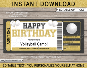 Birthday Volleyball Camp Ticket Template | Gift Ideas | DIY Printable Gift Certificate Voucher Card with Editable Text | NSTANT DOWNLOAD via giftsbysimonemadeit.com
