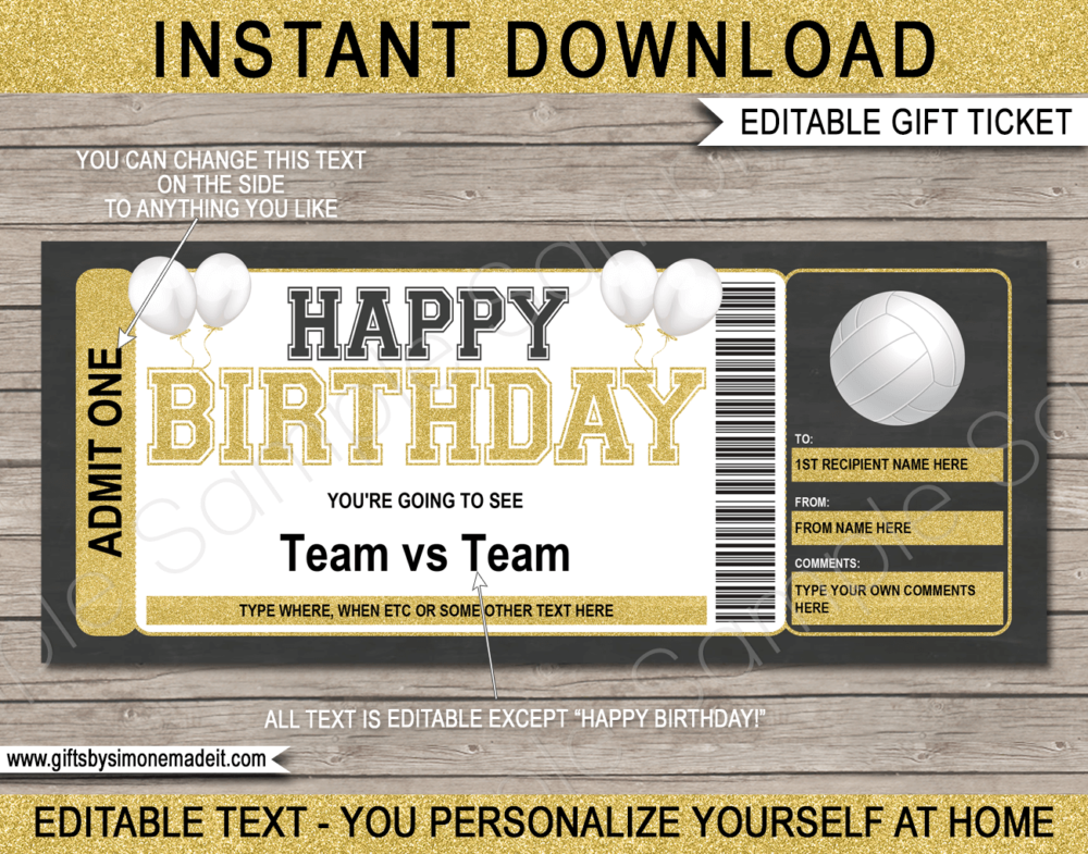 Birthday Volleyball Ticket Template | Printable Game Ticket Gift Ideas | DIY Printable Gift Certificate Voucher Card with Editable Text | NSTANT DOWNLOAD via giftsbysimonemadeit.com