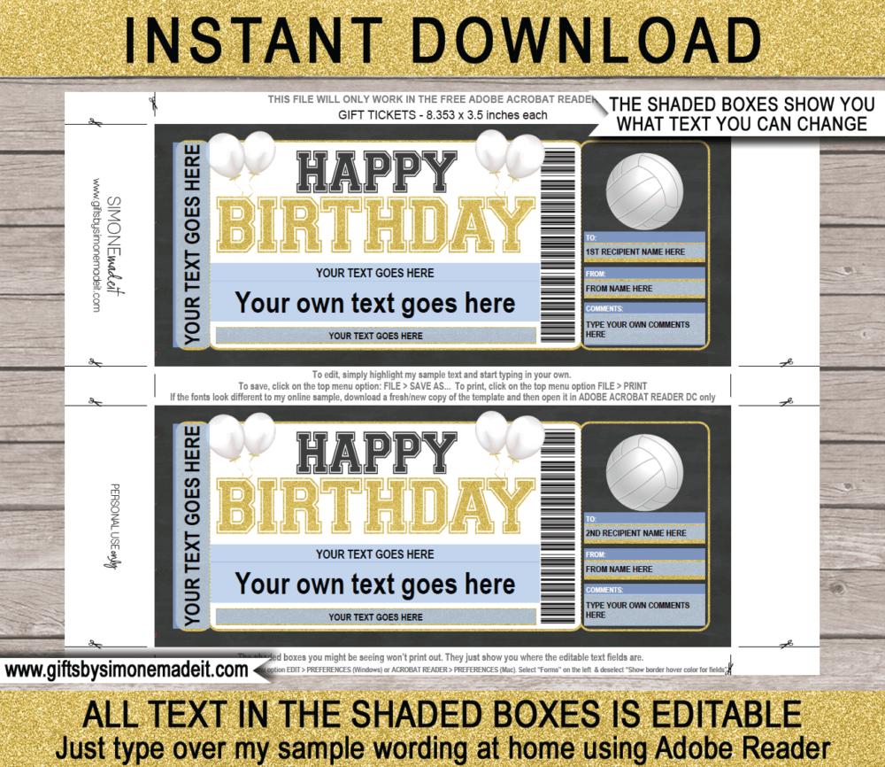 Birthday Volleyball Ticket Template | Printable Game Ticket Gift Ideas | DIY Printable Gift Certificate Voucher Card with Editable Text | NSTANT DOWNLOAD via giftsbysimonemadeit.com