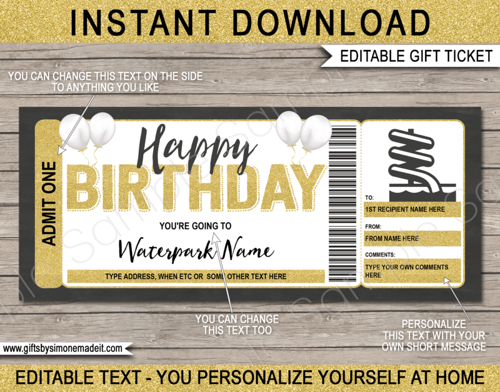 Birthday Waterpark Ticket Template | DIY Printable Water Park Gift Voucher, Certificate, Card with Editable Text | INSTANT DOWNLOAD via giftsbysimonemadeit.com