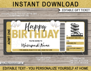 Birthday Waterpark Ticket Template | DIY Printable Water Park Gift Voucher, Certificate, Card with Editable Text | INSTANT DOWNLOAD via giftsbysimonemadeit.com
