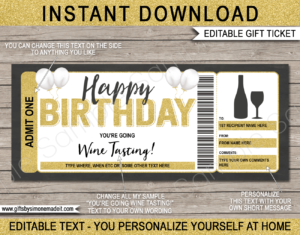 Birthday Wine Tasting Gift Voucher Template | Printable Gift Certificate Card with Editable Text | Gift Idea | Vineyard Trip | INSTANT DOWNLOAD via giftsbysimonemadeit.com