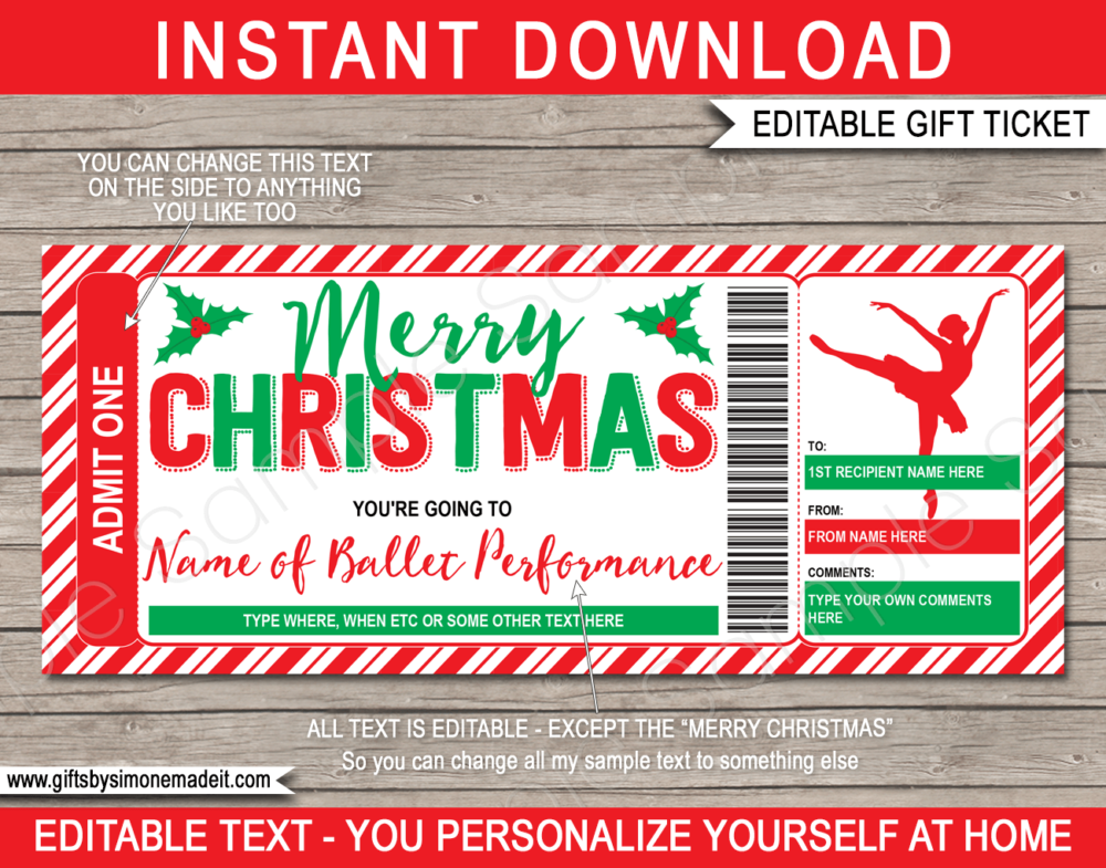 Christmas Ballet Ticket Template | Printable Performance Voucher, Certificate, Card with Editable Text | INSTANT DOWNLOAD via giftsbysimonemadeit.com