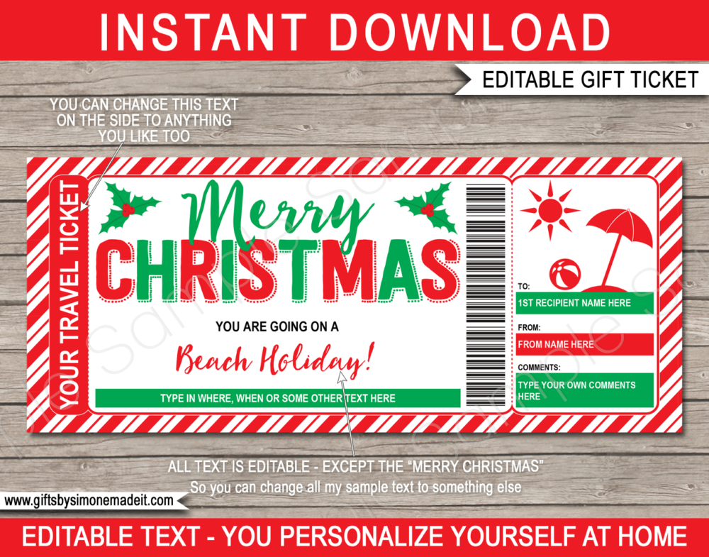 Christmas Beach Trip Ticket Template | Surprise Holiday Vacation Reveal Gift Idea | DIY Printable Voucher Certificate with Editable Text | INSTANT DOWNLOAD via giftsbysimonemadeit.com