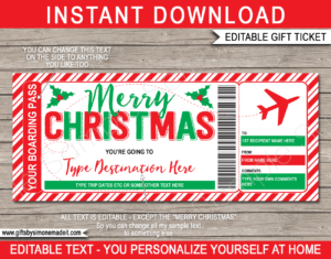 Printable Christmas Boarding Pass Template | Surprise Trip Reveal Gift Idea | DIY Fake Plane Ticket with Editable Text | INSTANT DOWNLOAD via giftsbysimonemadeit.com