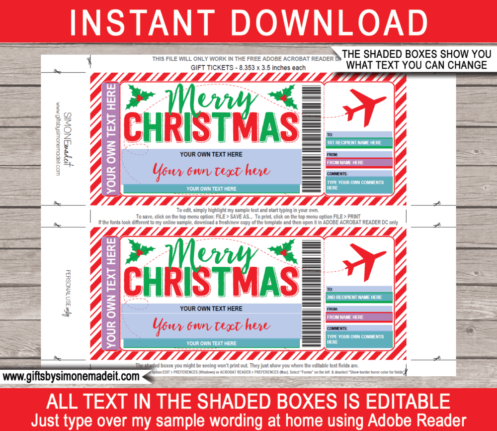 Printable Christmas Boarding Pass Template | Surprise Trip Reveal Gift Idea | DIY Fake Plane Ticket with Editable Text | INSTANT DOWNLOAD via giftsbysimonemadeit.com